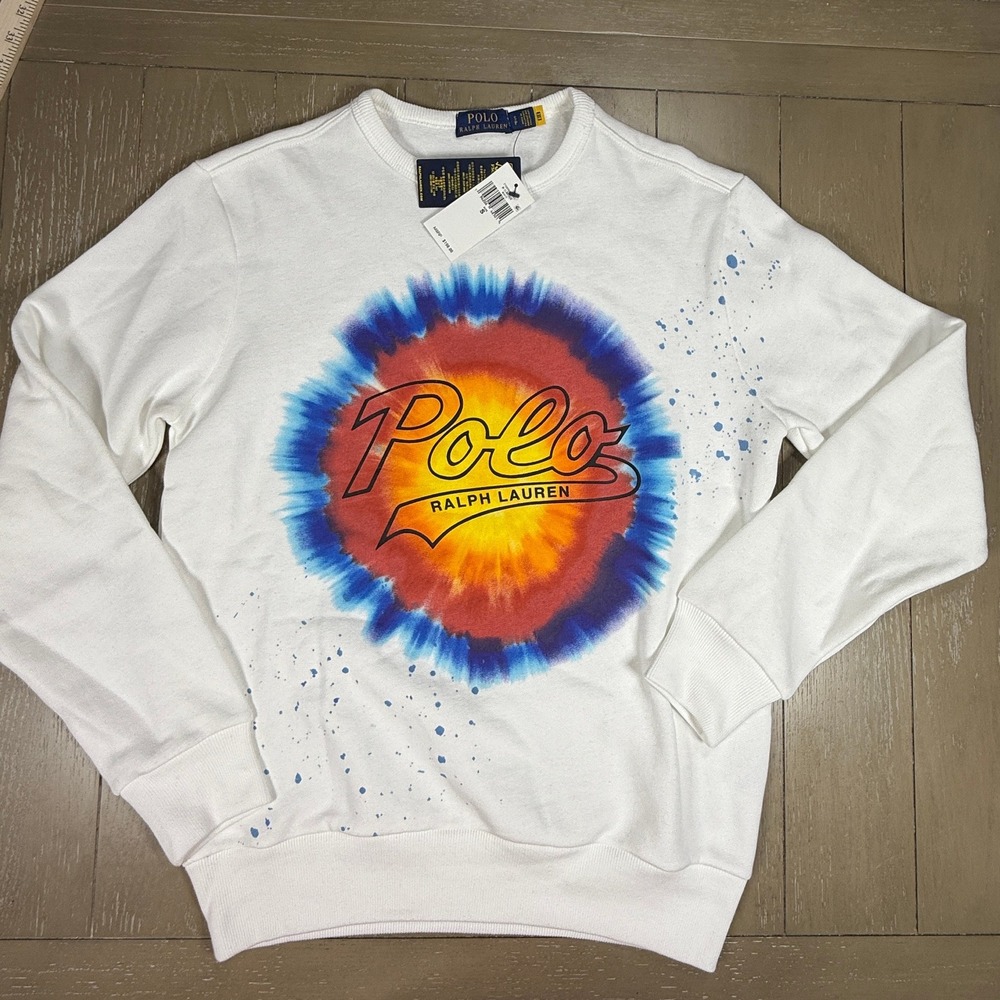Polo Ralph Lauren Sweatshirt Mens Small White Tie Dye Splatter Crewneck Logo